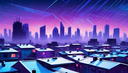 Abstract futuristic cityscape silhouette with glowing windows and grid lines, neon blue and purple, no chrome .