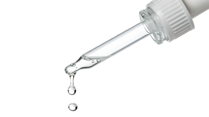 Clear essential water dripping from dropper cut out PNG. AI GENERATED.