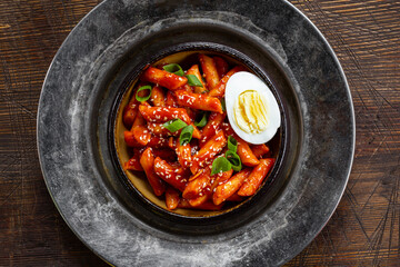 Korean street food, tteokbokki with egg and sesame on dark wooden background top view