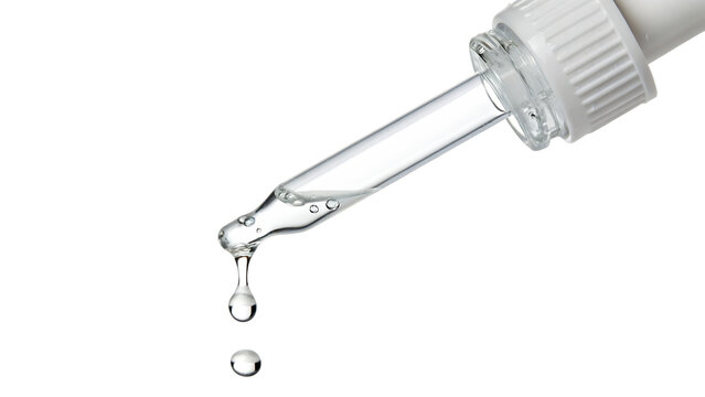 Clear essential water dripping from dropper cut out PNG. AI GENERATED.
