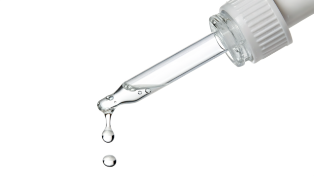 Clear essential water dripping from dropper cut out PNG. AI GENERATED.
