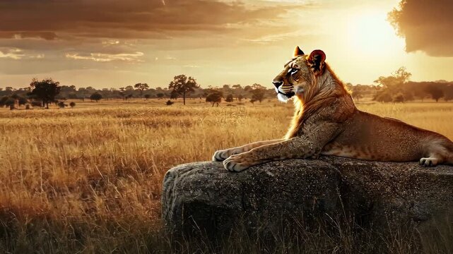 Majestic lioness resting on a rock amidst vast African savannah at sunset