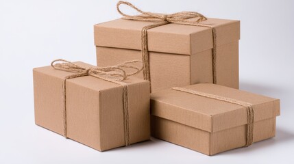 Fototapeta premium Three neatly stacked brown gift boxes tied with twine against a clean white backdrop, ideal for celebrations