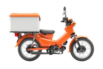 Obraz premium Orange scooter with white delivery box, side view, isolated