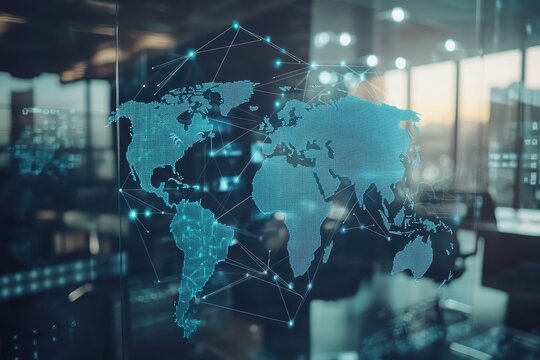A stock market graph depicting global business growth, set against a blue digital background with a world map and financial charts This stock trading concept features a blue color scheme - Powered by Adobe