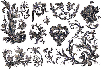 Assorted dark grey and blue ornate floral and scrollwork design elements on white vector illustration