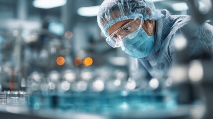 Medium shot of technician inspecting sustainable packaging samples main object in sharp focus with blurred factory background highlighting target setting.