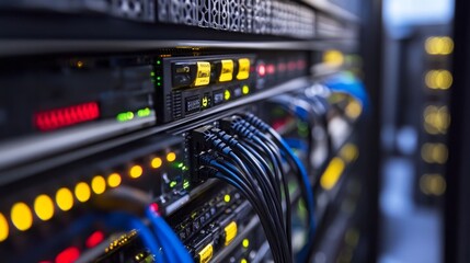 Naklejka premium Exploring the digital network infrastructure modern server room close-up view technical environment data connectivity concept