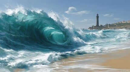 Large Powerful Ocean Wave Crashing Near Lighthouse on Rocky Coast Under Blue Sky
