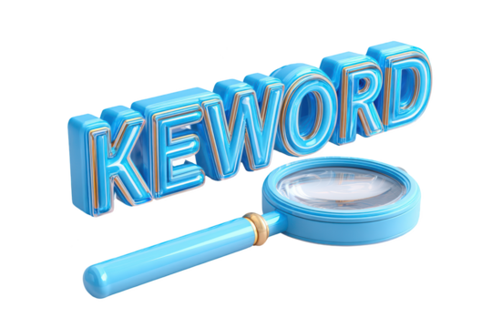 3D "KEYWORD" text with a magnifying glass, blue color