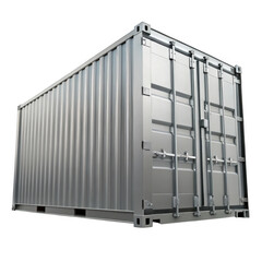 A standard silver metal shipping container with corrugated sides and double doors isolated on transparent background