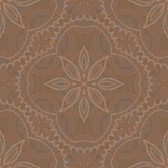 Seamless ornamental pattern with floral mandala design in beige and warm terracotta tones. Perfect for textile, fabric prints, wallpaper, wrapping paper, stationery, scrapbooking, digital backgrounds