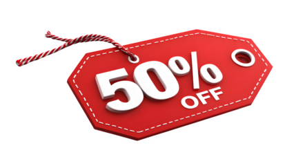 Bold red 3D 50% off tag on white background 