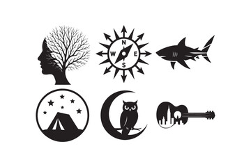 Black and White Illustration with Diverse Symbolic Imagery Including Tree Head Compass Shark Tent Owl and Guitar Cityscape Design