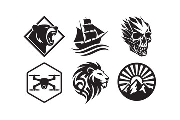 Collection of Black and White Vector Logos Featuring Animals Transportation Technology and Symbolic Representations Perfect for Branding Design and Creative Projects