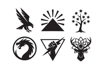 Collection of Six Unique Minimalist Logo Designs Featuring an Eagle Sun Tree Dragon Power and Deer Illustrations for Brand Identity