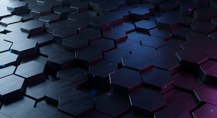 Fototapeta premium Dark futuristic hexagonal pattern with blue and purple lighting and a textured surface