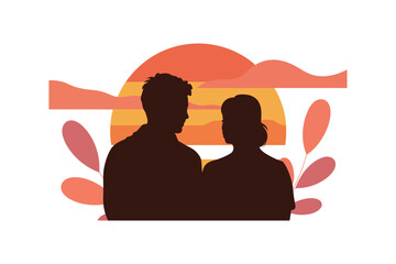 Romantic Sunset Silhouette of a Couple in Love Enjoying a Peaceful Moment Together with Nature Background