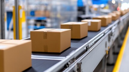 Packages moving along a conveyor belt in a busy warehouse, showcasing efficient logistics operations