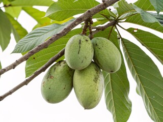 American Pawpaw fruit cluster hanging from branch isolated on white background for commercial stock