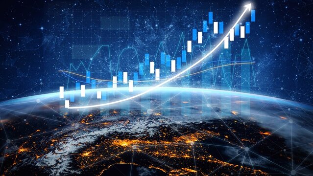 Captivating image showcasing a futuristic financial growth concept with a rising chart set against a stunning view of Earth at night, highlighting city lights and cosmic elements. Copula - Powered by Adobe