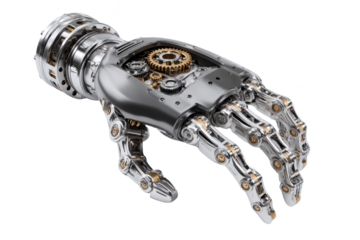 Detailed metallic robotic hand with exposed gears and intricate joints