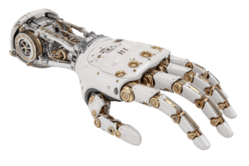Futuristic prosthetic hand, detailed mechanical design in white and gold