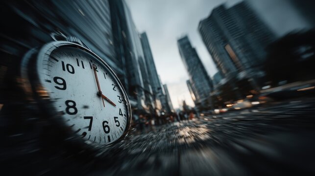 Blurred cityscape featuring a large clock in the foreground, indicating time passing in an urban setting