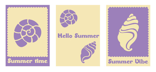 Set of abstract summer poster. Summer concept. Modern prints with hand drawn seashells. Vacation and beach concept. Trendy design for cards, wall art, branding, post cards, posters, cards