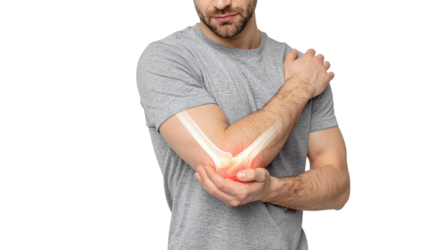 Man wincing in pain while holding his elbow isolated on white background