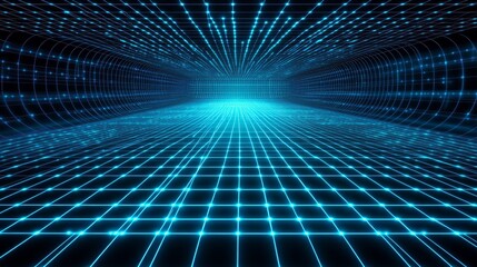 Wide-angle exploration of a cybernetic environment glowing grid pattern in digital design