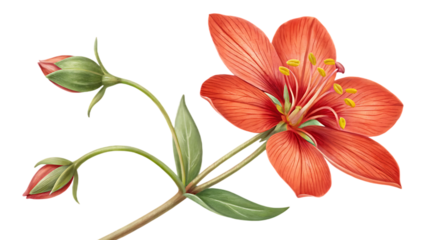 Illustration of a red flower with buds and leaves