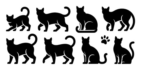 Collection of Black Cat Silhouettes in Various Poses and a Paw Print