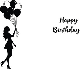 Happy Birthday silhouette, woman, balloons, dress, celebration, party, greeting, festive