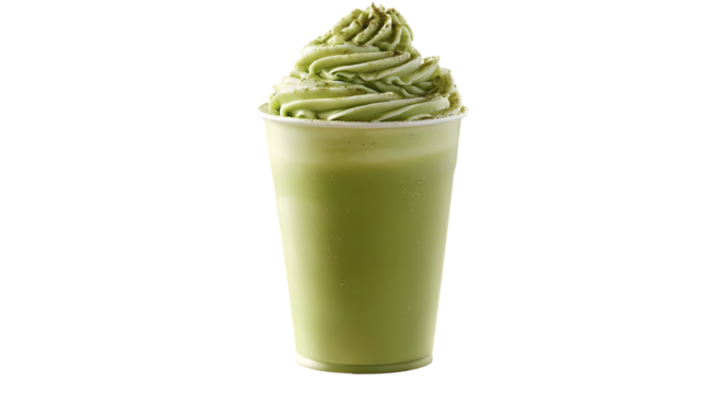Green tea frappucino with whipped cream in a takeaway cup Isolated transparent on white background
