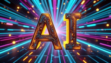 Futuristic ai text glowing with vibrant neon lights and a digital network background symbolizing artificial intelligence and advanced technology