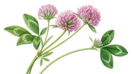 Pink clover flowers and green leaves on dark background