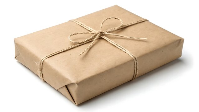 Brown Paper Wrapped Parcel Tied with String, Isolated Gift Package for Shipping or Special Occasions.
