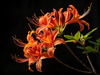 Flame Azalea in full bloom, vibrant fiery orange petals, black background spotlight effect