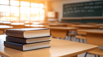 Stack of textbooks on wooden table in empty classroom with sunlight streaming through the windows