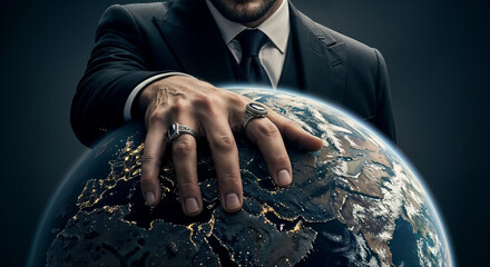 Corporate executive's hands controlling illuminated globe representing global business dominance and worldwide market influence