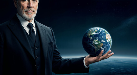 Professional businessman in elegant suit holds miniature Earth in palm demonstrating global leadership and worldwide business control with confident authority