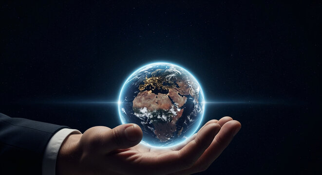 Earth globe gently held in a businessman's hand against a dark, starry cosmos, symbolizing power, responsibility, and global business reach with a luminous glow.
