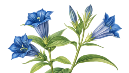 Gentian flowers with green leaves on black ground