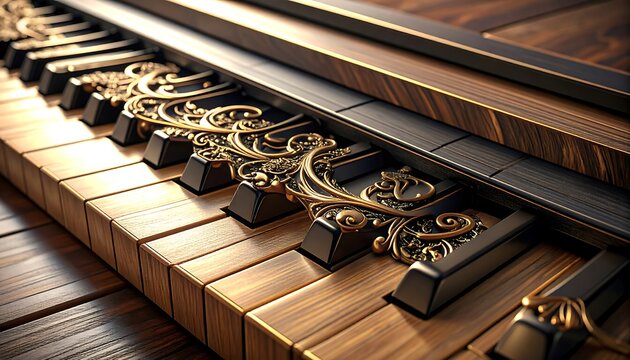 Ornate keyboard keys of a vintage harpsichord, showcasing detailed golden embellishments on rich, dark wood.