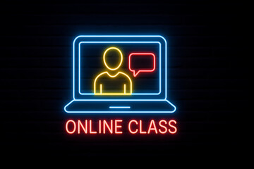 Online class neon sign illustration. Digital education concept. E learning and virtual classroom symbol. Modern remote learning technology glowing icon on dark background.