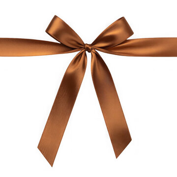 thin metallic brown copper satin ribbon bow with long straight silk strips isolate