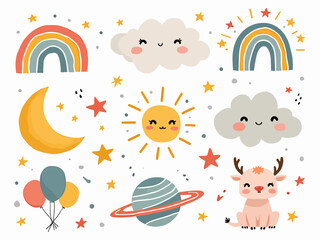 Playful Sunny Scene With Clouds, Rainbows, Stars, Sun, Moon, Planet, Balloons And Cute Deer
