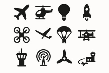 Silhouette icons of aircraft and air travel elements
