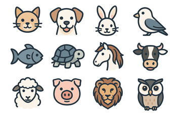 Colorful cartoon animal icons featuring cat, dog, rabbit, bird, and more